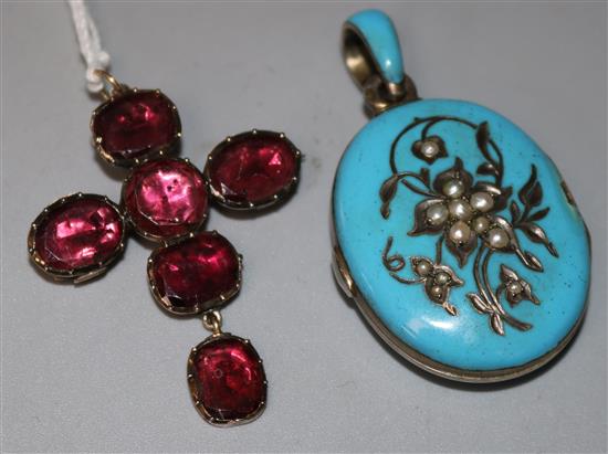 A Victorian gold mounted garnet cross pendant brooch and a seed pearl and enamel mourning pendant, (both a.f.), cross 1.75in.
